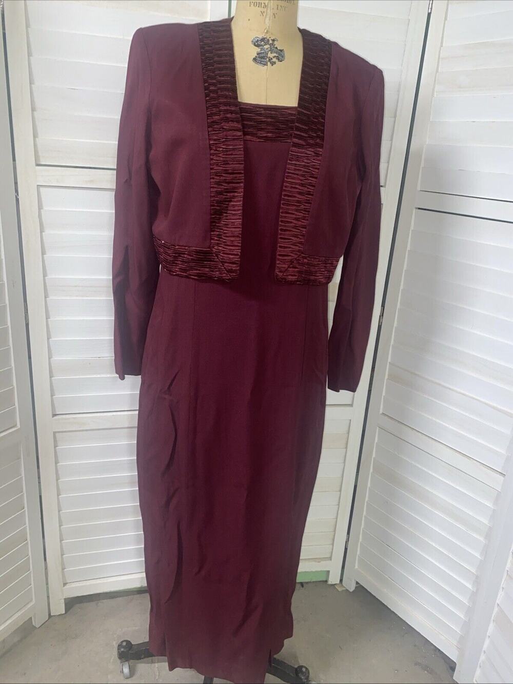 Vintage 80s RJ & Co Two Piece Maxi Sheath Pencil Dress Bolero Burgundy Sz Med 8